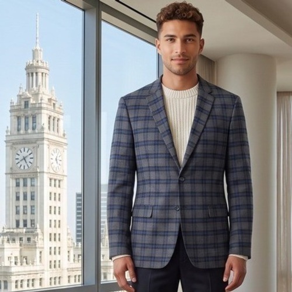 Ben Sherman Plaid Blazer Mens 44R Blue Grey Mod Tailored Professional